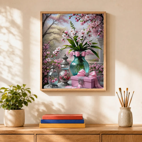 Blossom and Gifts Paint by Numbers Kit: finished canvas displayed in a living room