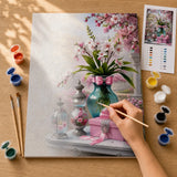 Blossom and Gifts Paint by Numbers Kit: before and after: numbered canvas and hand painted result