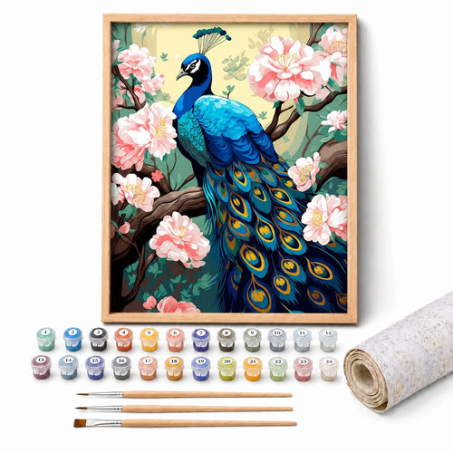 Blossom Peacock Paint by Numbers Kit: complete kit with framed artwork, numbered paint pots and brushes