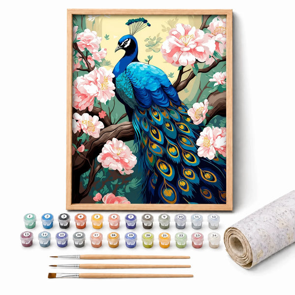 Blossom Peacock Paint by Numbers Kit: complete kit with framed artwork, numbered paint pots and brushes
