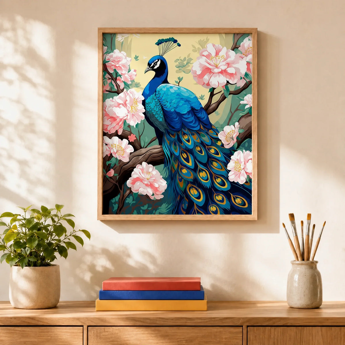 Blossom Peacock Paint by Numbers Kit: finished canvas displayed in a living room