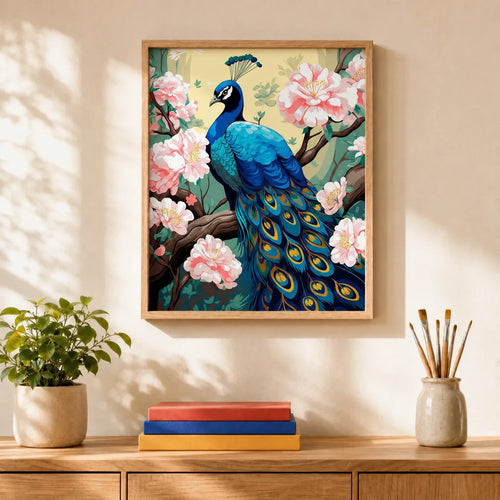 Blossom Peacock Paint by Numbers Kit: finished canvas displayed in a living room
