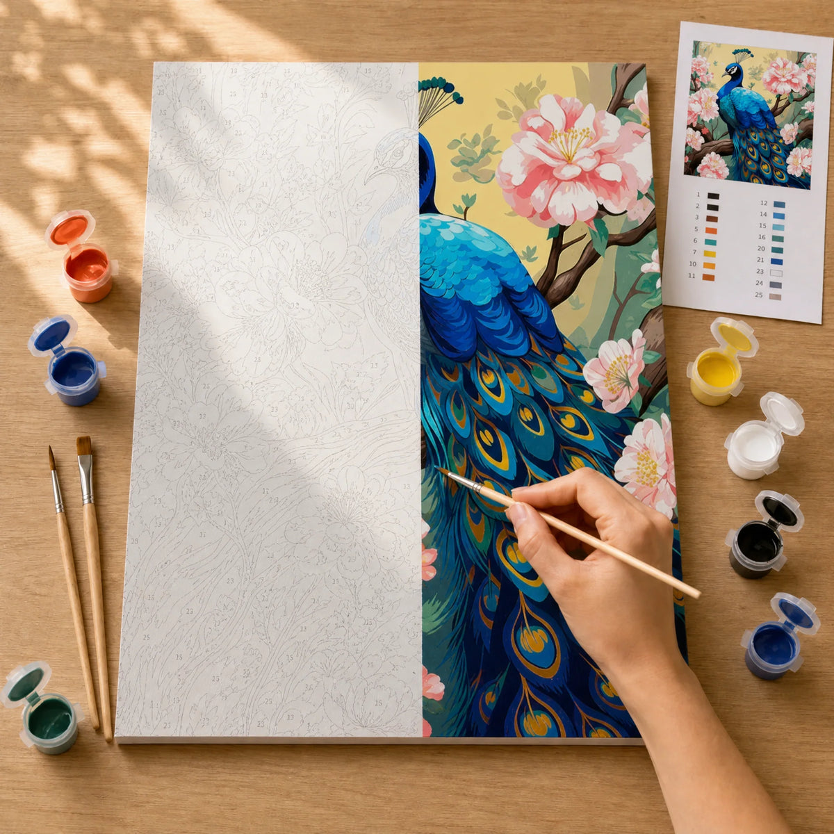 Blossom Peacock Paint by Numbers Kit: before and after: numbered canvas and hand painted result