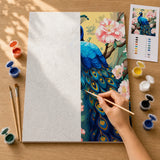 Blossom Peacock Paint by Numbers Kit: before and after: numbered canvas and hand painted result