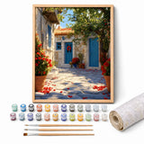 Blue Door Courtyard Paint by Numbers Kit: complete kit with framed artwork, numbered paint pots and brushes