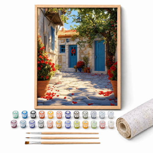 Blue Door Courtyard Paint by Numbers Kit: complete kit with framed artwork, numbered paint pots and brushes
