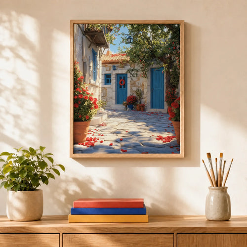 Blue Door Courtyard Paint by Numbers Kit: finished canvas displayed in a living room