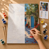 Blue Door Courtyard Paint by Numbers Kit: before and after: numbered canvas and hand painted result