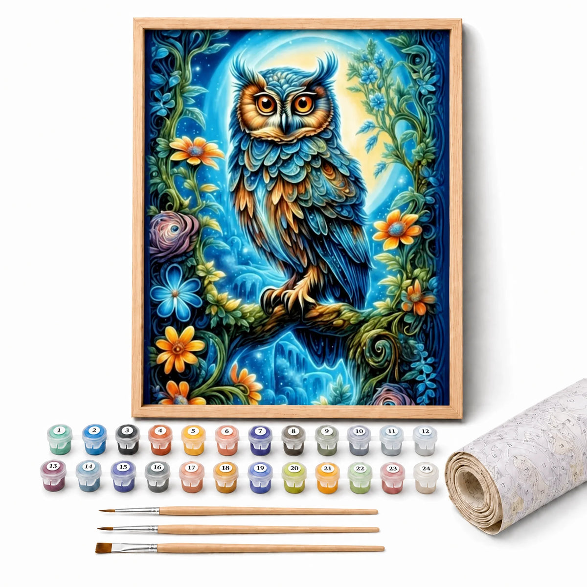 Bohemian Owl Paint by Numbers Kit: complete kit with framed artwork, numbered paint pots and brushes