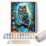 Bohemian Owl Paint by Numbers Kit: complete kit with framed artwork, numbered paint pots and brushes