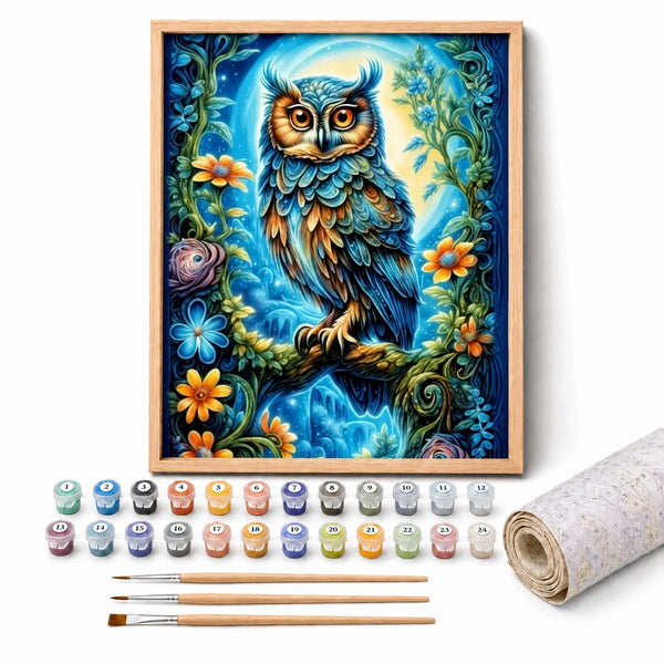 Bohemian Owl Paint by Numbers Kit: complete kit with framed artwork, numbered paint pots and brushes