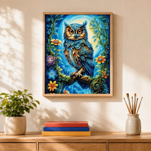 Bohemian Owl Paint by Numbers Kit: finished canvas displayed in a living room