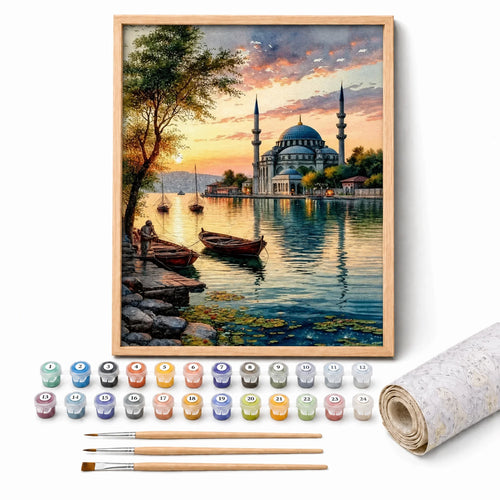 Bosphorus Sunset Paint by Numbers Kit: complete kit with framed artwork, numbered paint pots and brushes