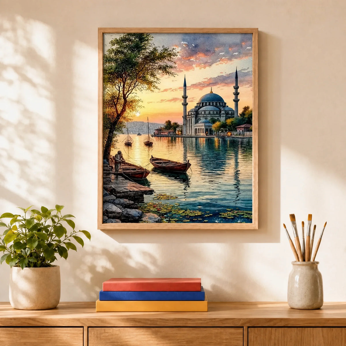 Bosphorus Sunset Paint by Numbers Kit: finished canvas displayed in a living room