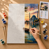 Bosphorus Sunset Paint by Numbers Kit: before and after: numbered canvas and hand painted result