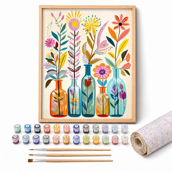 Bottled Blooms Paint by Numbers Kit: complete kit with framed artwork, numbered paint pots and brushes