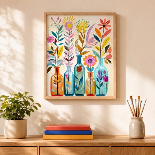 Bottled Blooms Paint by Numbers Kit: finished canvas displayed in a living room