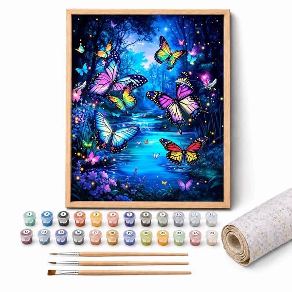 Butterfly Glow Pond Paint by Numbers Kit: complete kit with framed artwork, numbered paint pots and brushes