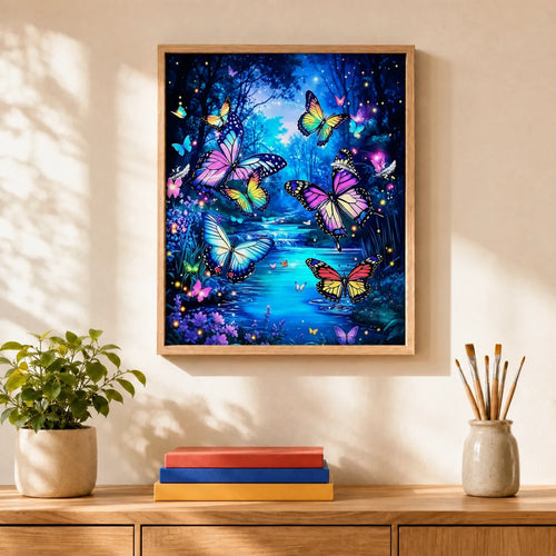 Butterfly Glow Pond Paint by Numbers Kit: finished canvas displayed in a living room