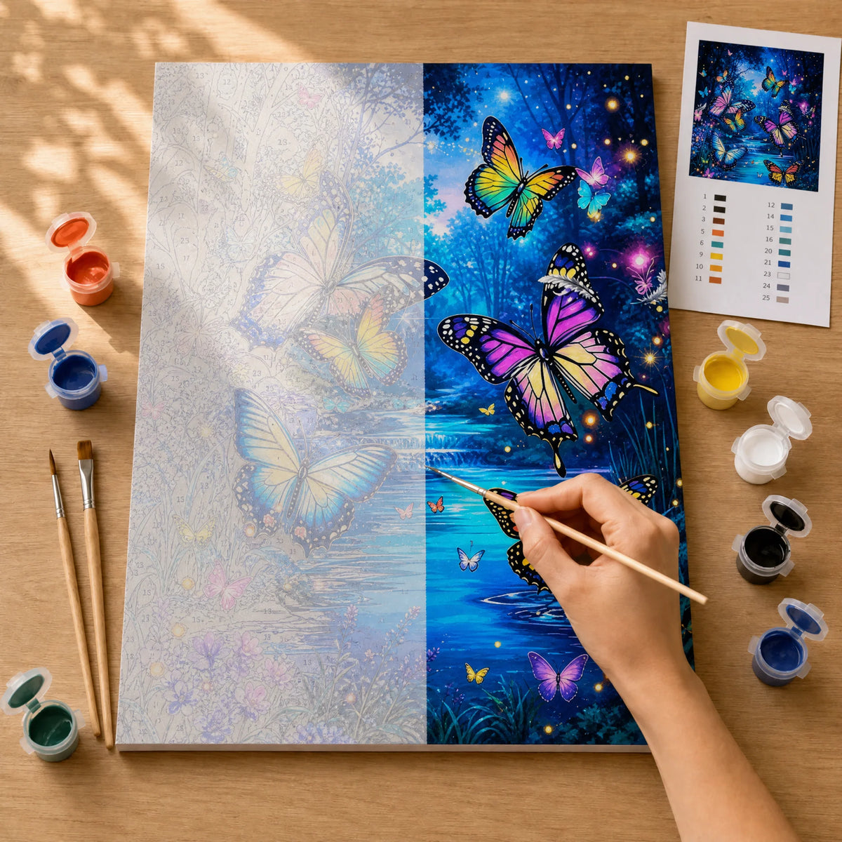 Butterfly Glow Pond Paint by Numbers Kit: before and after: numbered canvas and hand painted result