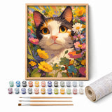 Calico in Bloom Paint by Numbers Kit: complete kit with framed artwork, numbered paint pots and brushes
