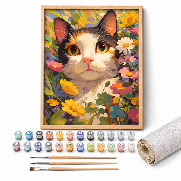 Calico in Bloom Paint by Numbers Kit: complete kit with framed artwork, numbered paint pots and brushes