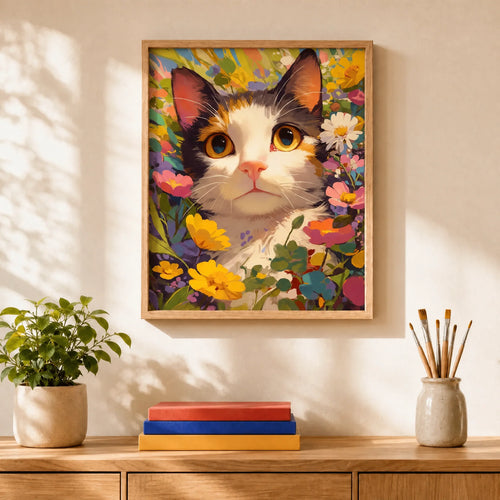 Calico in Bloom Paint by Numbers Kit: finished canvas displayed in a living room