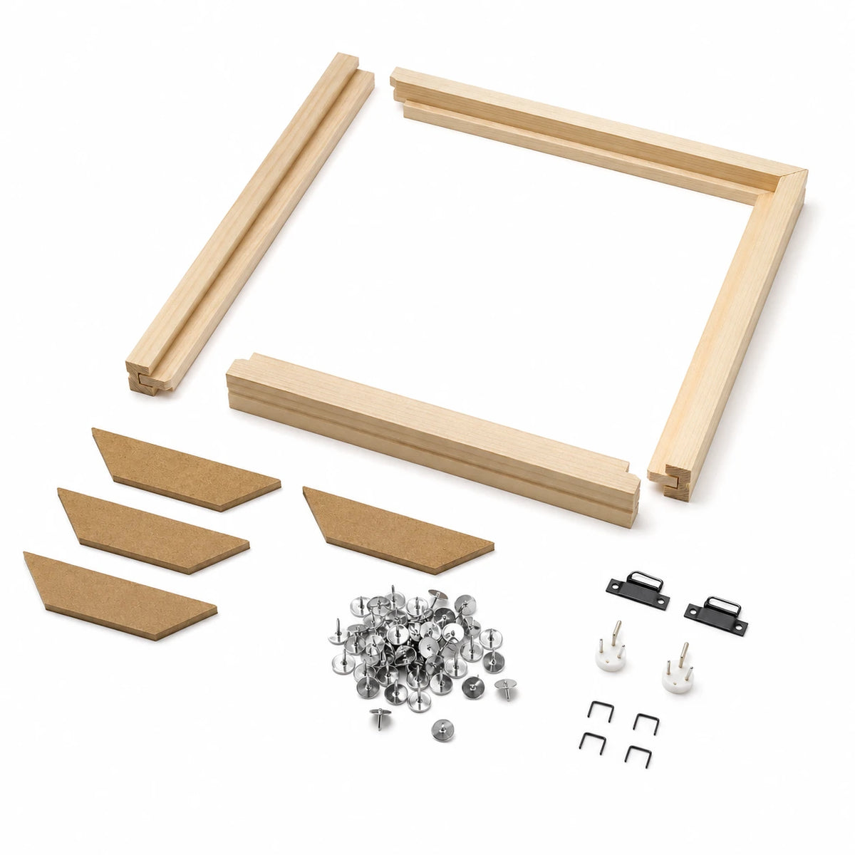 DIY wooden canvas stretcher frame kit parts on white studio background | DIY Wooden Canvas Stretcher Frame