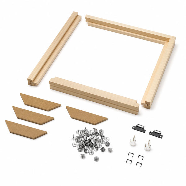 DIY wooden canvas stretcher frame kit parts on white studio background | DIY Wooden Canvas Stretcher Frame