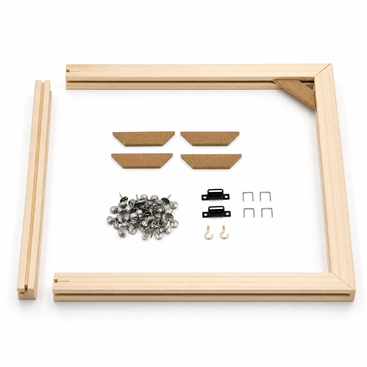 DIY wooden canvas stretcher frame kit parts on white studio background | DIY Wooden Canvas Stretcher Frame