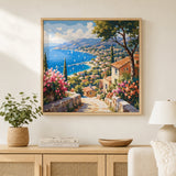 stretched canvas artwork hanging in a living room above a sideboard | DIY Wooden Canvas Stretcher Frame