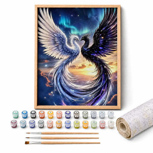 Celestial Phoenix Paint by Numbers Kit: complete kit with framed artwork, numbered paint pots and brushes