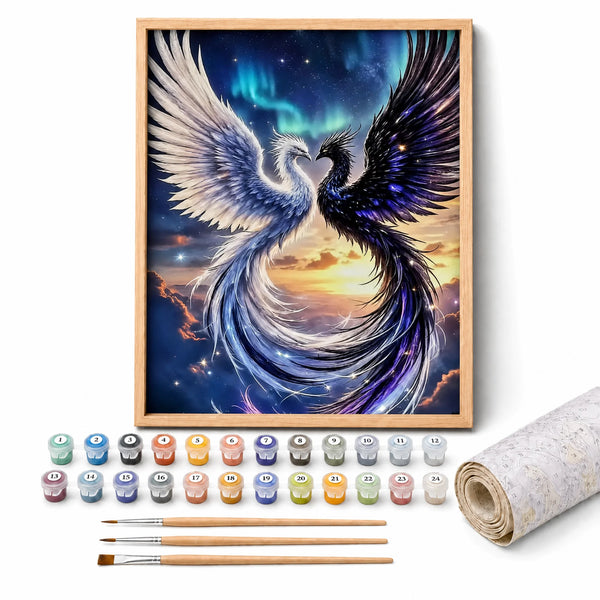 Celestial Phoenix Paint by Numbers Kit: complete kit with framed artwork, numbered paint pots and brushes