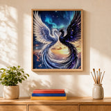 Celestial Phoenix Paint by Numbers Kit: finished canvas displayed in a living room