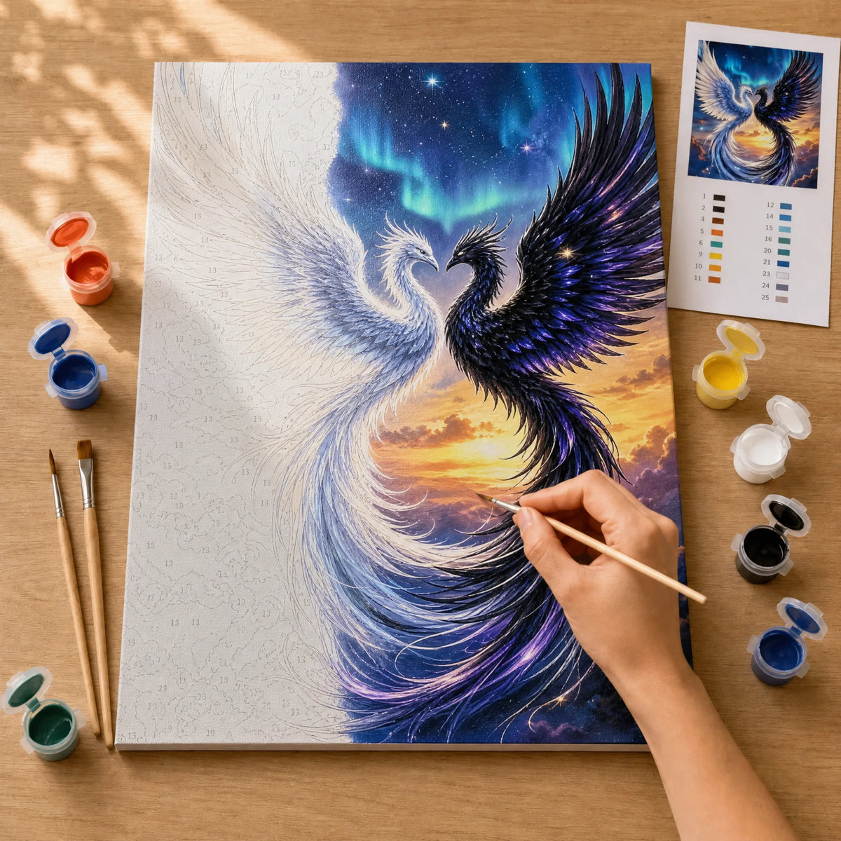 Celestial Phoenix Paint by Numbers Kit: before and after: numbered canvas and hand painted result