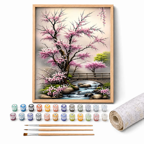 Cherry Blossom Stream Paint by Numbers Kit: complete kit with framed artwork, numbered paint pots and brushes