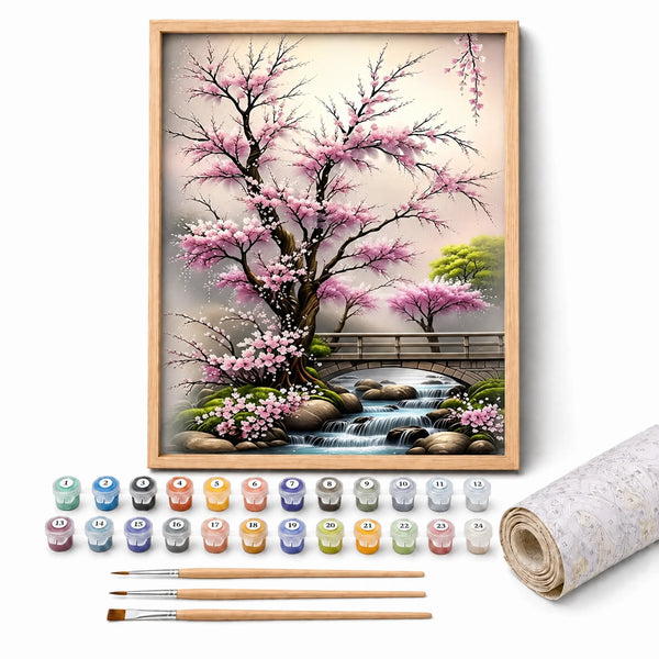 Cherry Blossom Stream Paint by Numbers Kit: complete kit with framed artwork, numbered paint pots and brushes