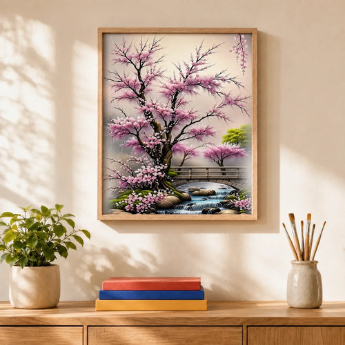 Cherry Blossom Stream Paint by Numbers Kit: finished canvas displayed in a living room