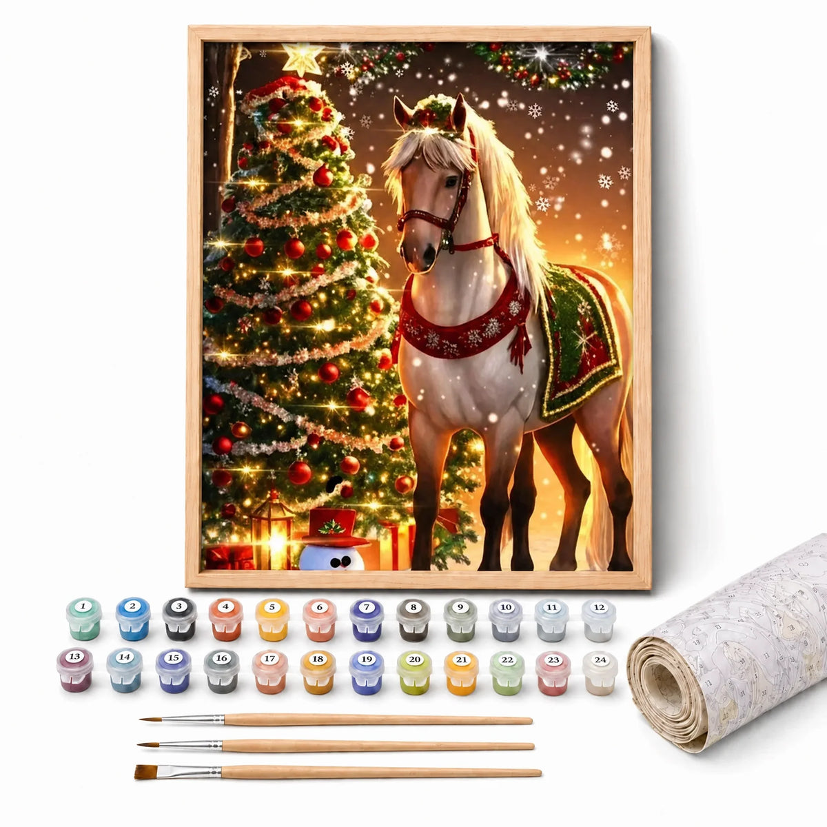 Christmas Horse Paint by Numbers Kit: complete kit with framed artwork, numbered paint pots and brushes