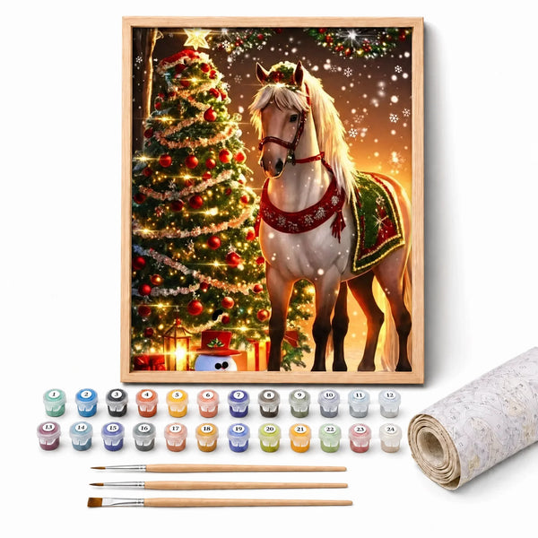 Christmas Horse Paint by Numbers Kit: complete kit with framed artwork, numbered paint pots and brushes