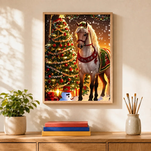 Christmas Horse Paint by Numbers Kit: finished canvas displayed in a living room