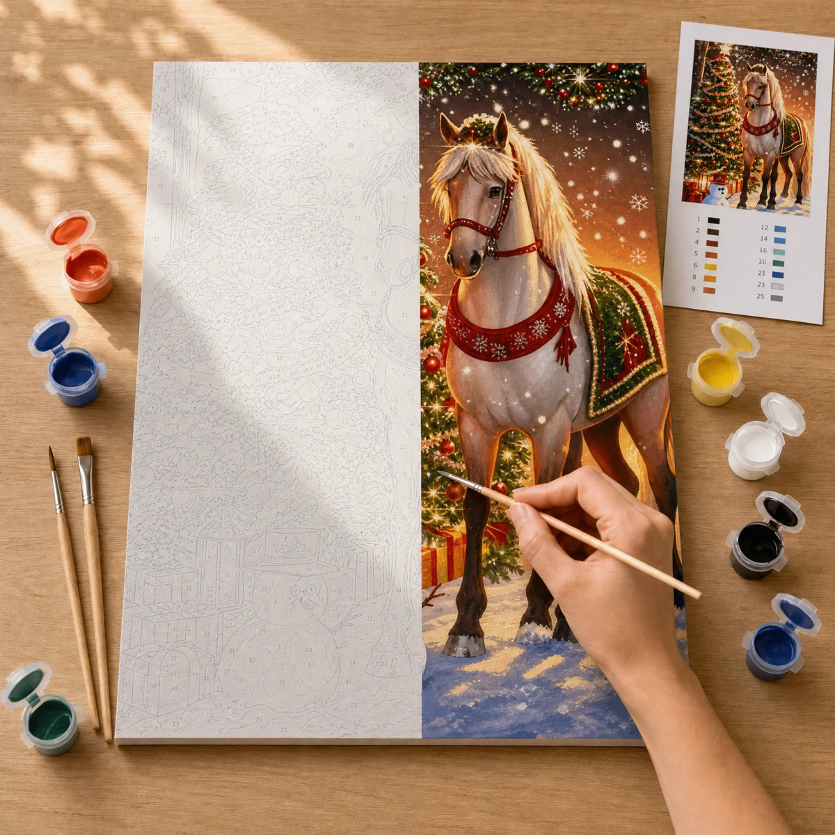 Christmas Horse Paint by Numbers Kit: before and after: numbered canvas and hand painted result