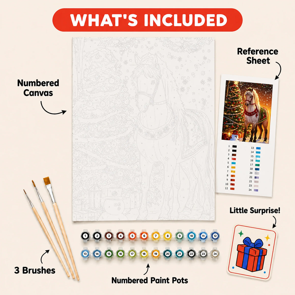 Christmas Horse Paint by Numbers Kit: everything included in the kit