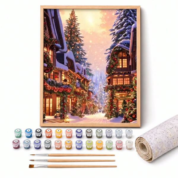 Christmas Lane Paint by Numbers Kit: complete kit with framed artwork, numbered paint pots and brushes