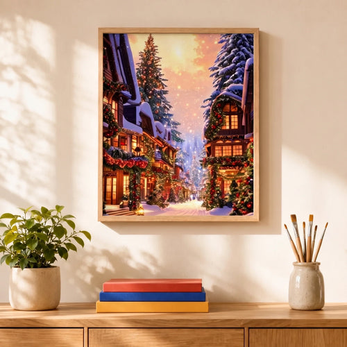 Christmas Lane Paint by Numbers Kit: finished canvas displayed in a living room
