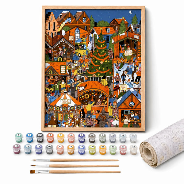 Christmas Village Fair Paint by Numbers Kit: complete kit with framed artwork, numbered paint pots and brushes