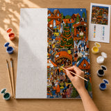 Christmas Village Fair Paint by Numbers Kit: before and after: numbered canvas and hand painted result