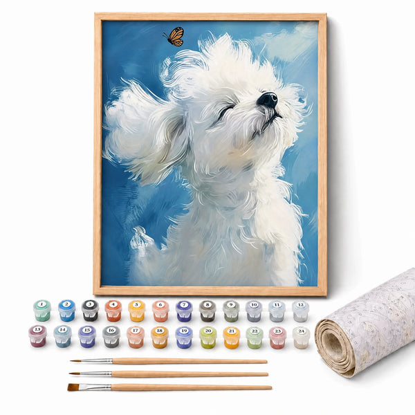 Cloud Puppy Paint by Numbers Kit: complete kit with framed artwork, numbered paint pots and brushes
