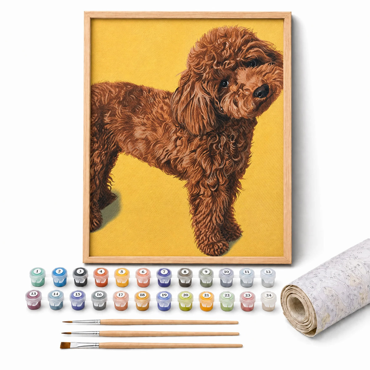 Cocoa Poodle Paint by Numbers Kit: complete kit with framed artwork, numbered paint pots and brushes