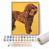 Cocoa Poodle Paint by Numbers Kit: complete kit with framed artwork, numbered paint pots and brushes